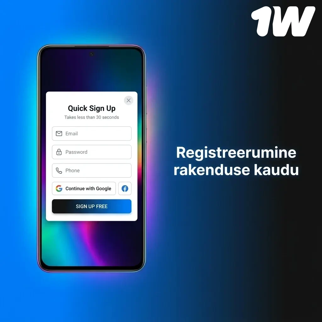 1w rakenduses konto loomine: registreerumisvorm isikuandmete, riigi ja valuuta valikuga