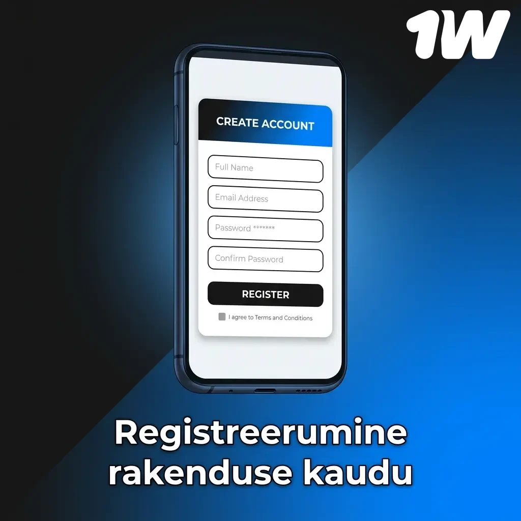 1W rakenduses konto loomine: registreerimisvorm isikuandmete, riigi ja valuuta valikuga
