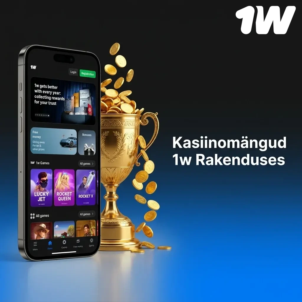 1w rakenduse kasiinomängud: mänguautomaadid, live-kasiino, blackjack, rulett ja jackpotid tuntud tootjatelt