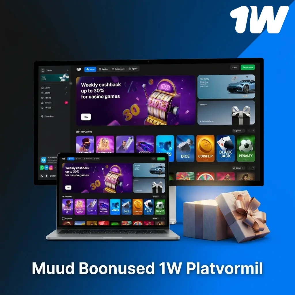 1W platvormi boonused: cashback, tasuta keerutused, spordiennustuse koefitsiendid ja VIP programm