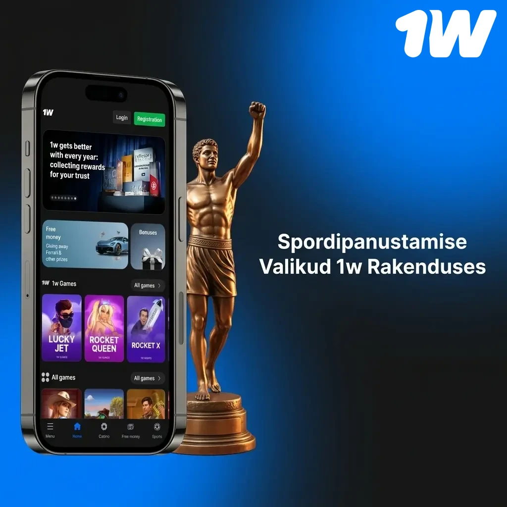 1w rakenduse spordipanustamise valikud: jalgpall, korvpall, tennis, jäähoki, MMA ja esport reaalajas